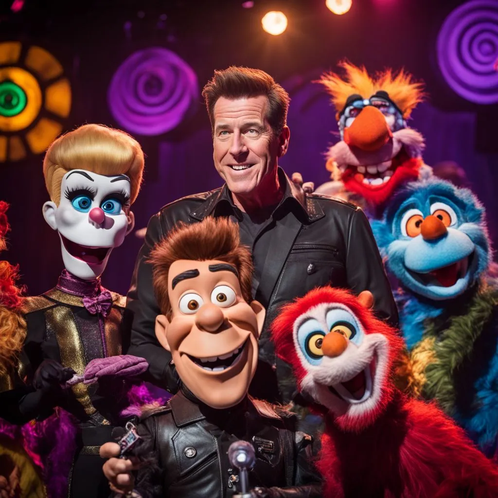 Jeff Dunham performing with his iconic characters on a colorful stage.