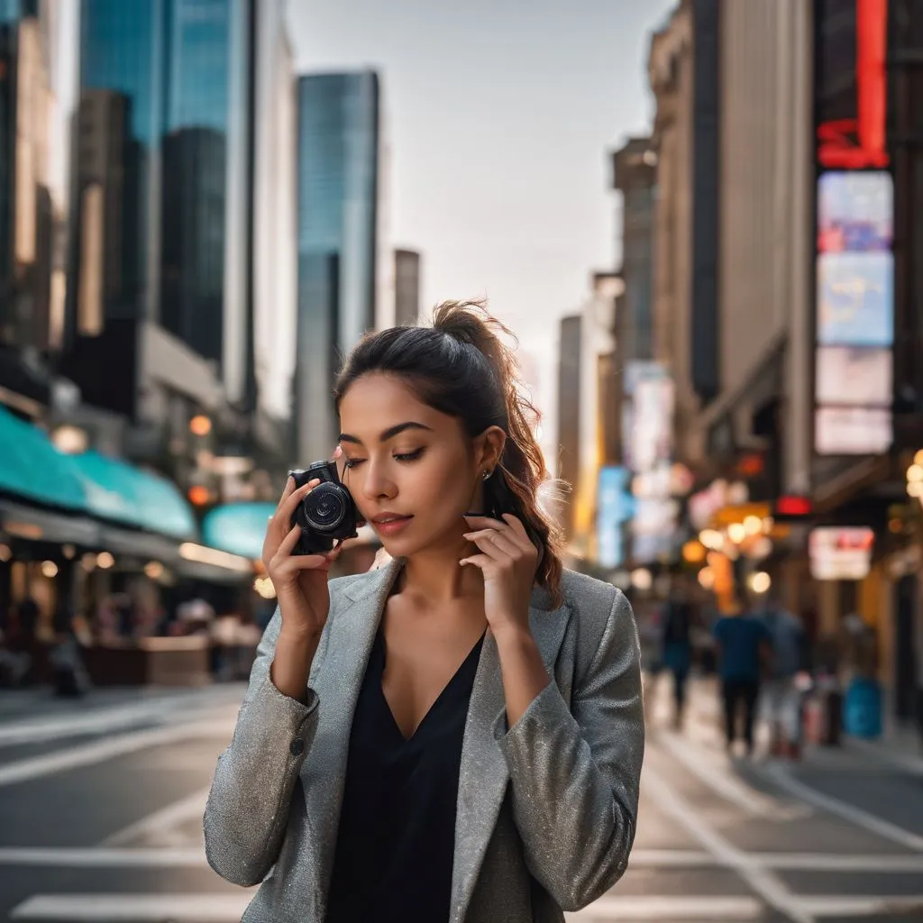 A person using a smartphone in a busy modern city.
