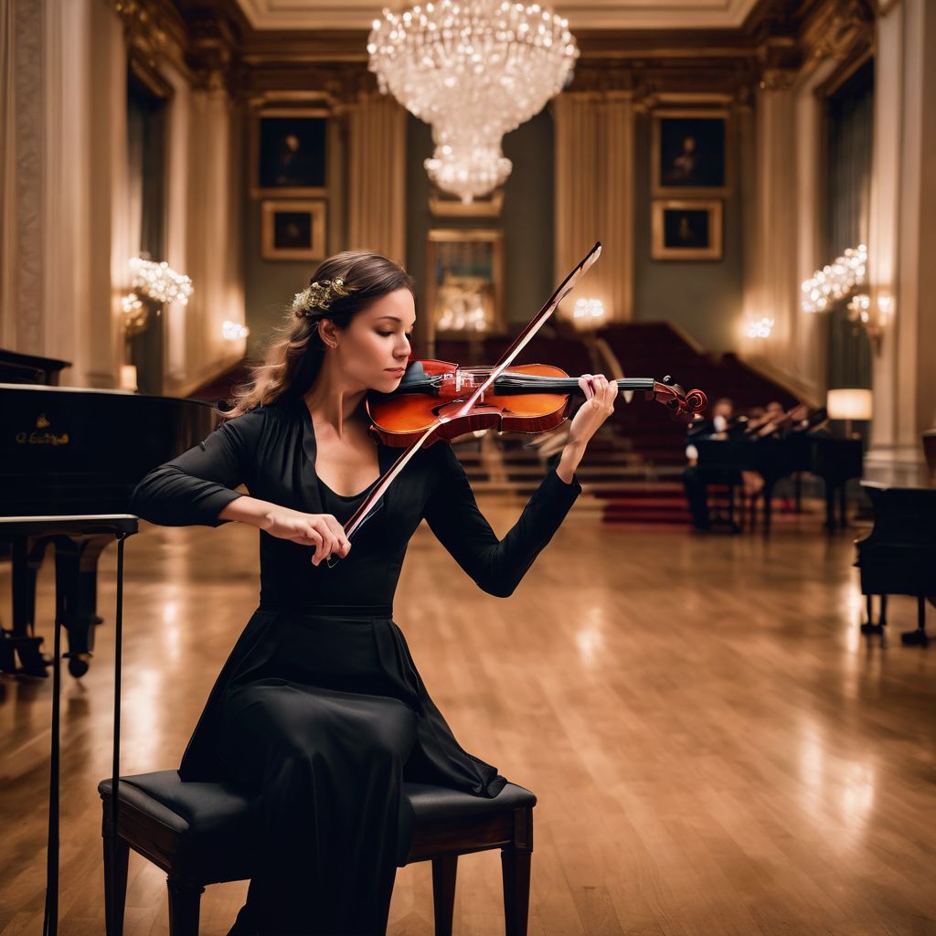 Jenny Oaks Baker playing violin in a grand concert hall.