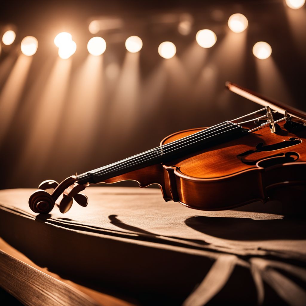 A beautiful violin on a grand stage in a bustling atmosphere.
