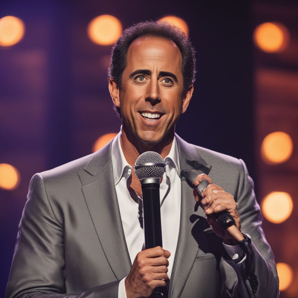 Jerry Seinfeld performing stand-up comedy on stage.