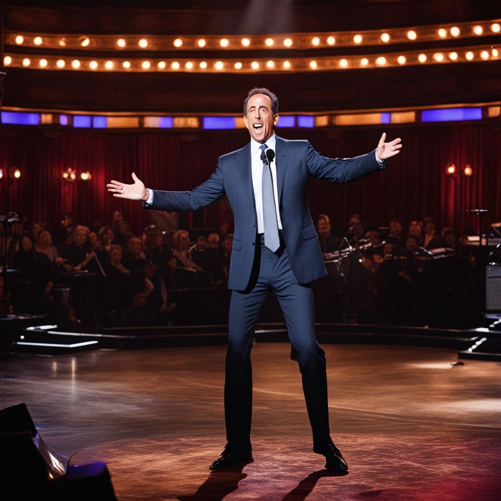 Jerry Seinfeld performs stand-up comedy on a grand theater stage.