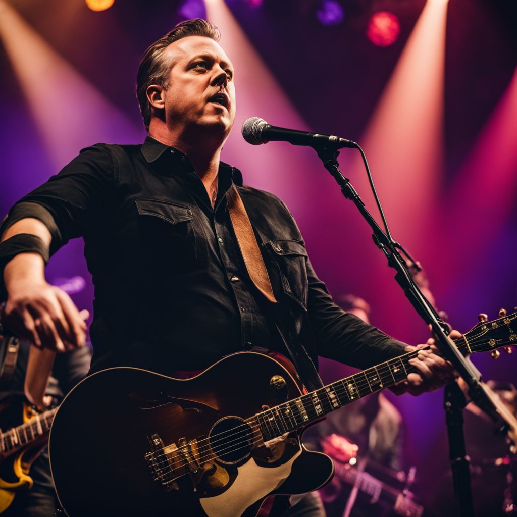 Jason Isbell performing on stage at a vibrant music venue.