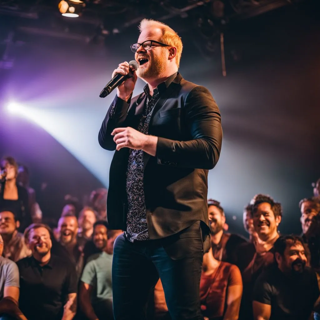 Jim Gaffigan performing energetic comedy show in front of diverse audience.