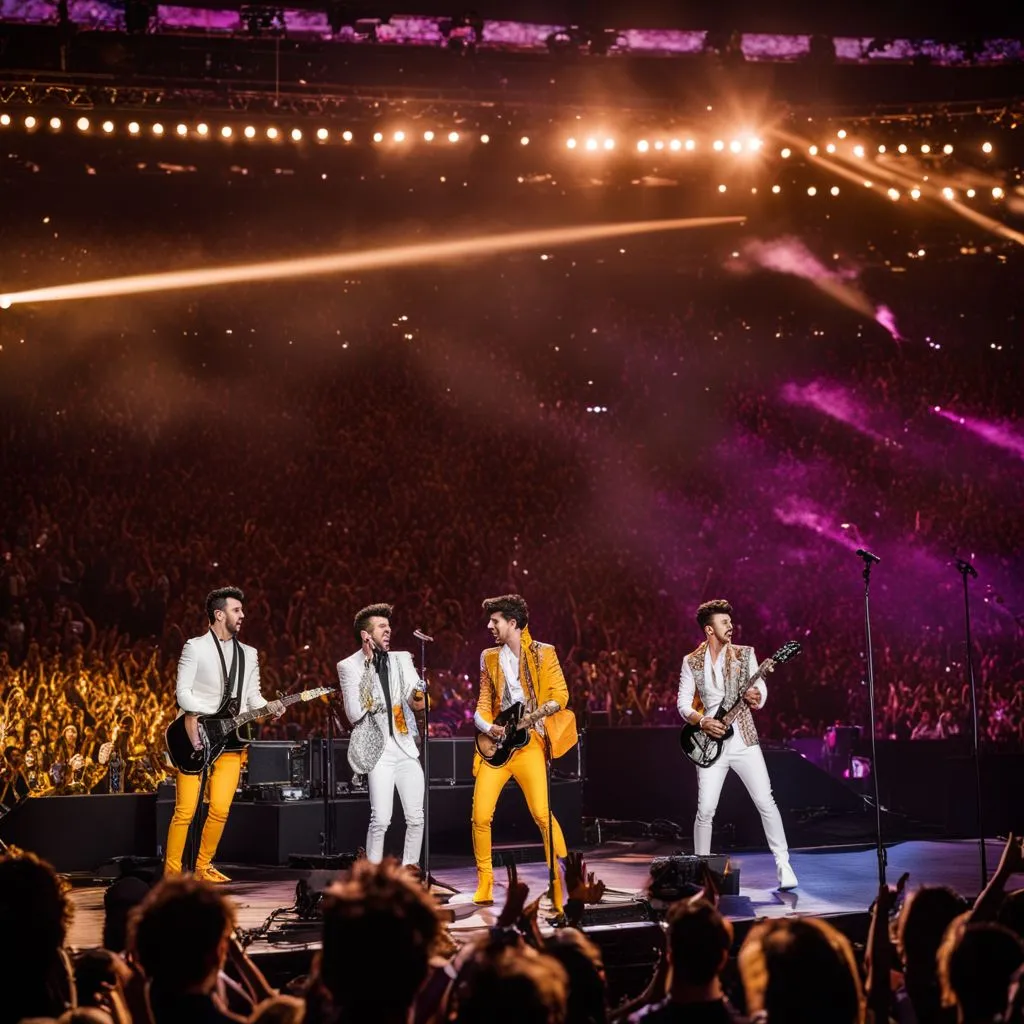 The Jonas Brothers performing live on stage at a packed stadium.