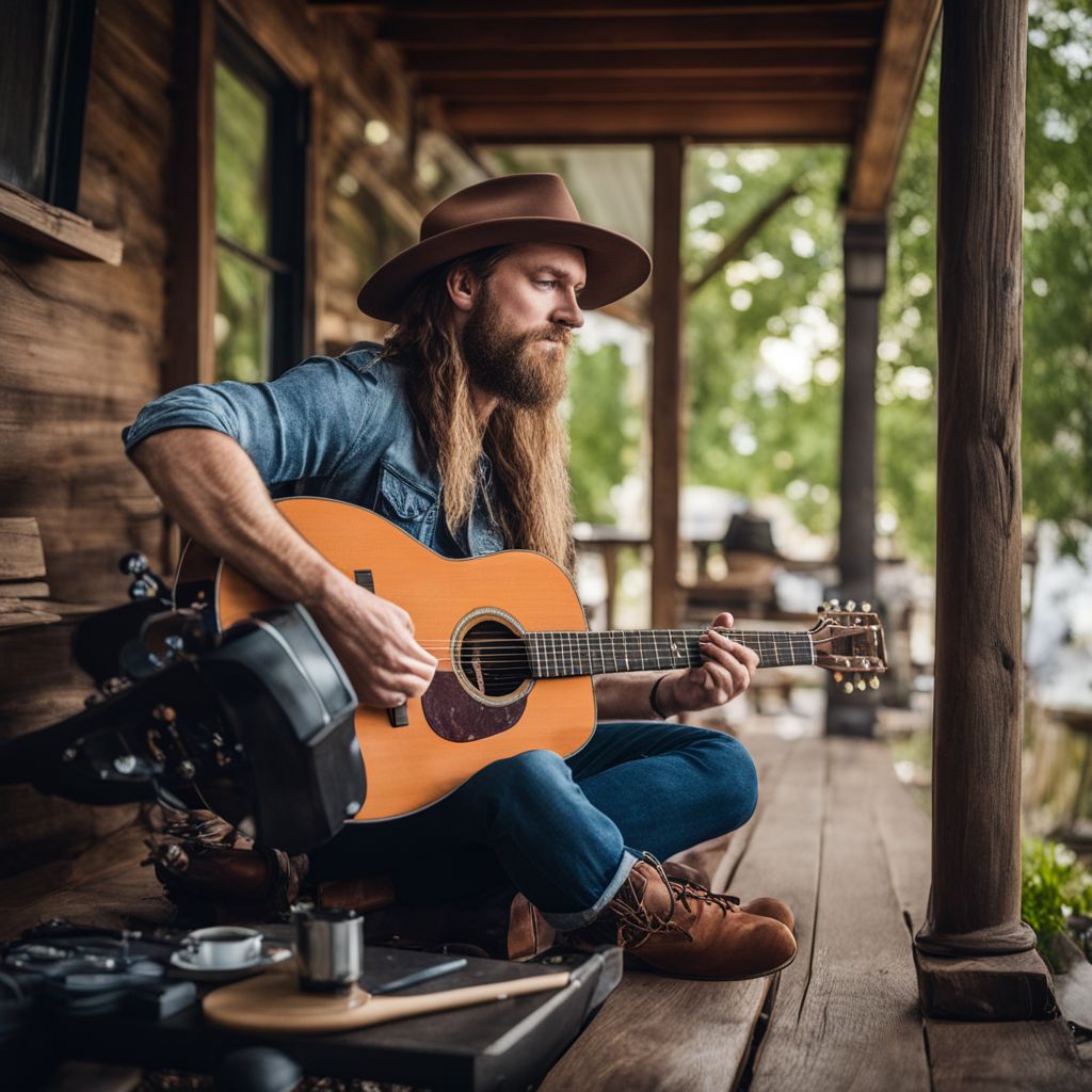 A musician playing guitar on a rustic front porch in a bustling city.