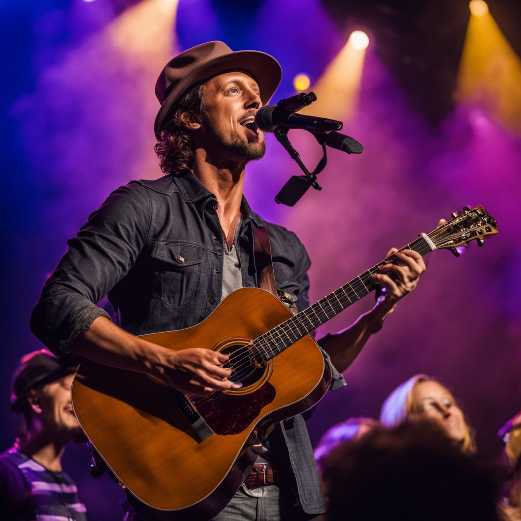 Jason Mraz performs on vibrant stage at music festival surrounded by enthusiastic fans.