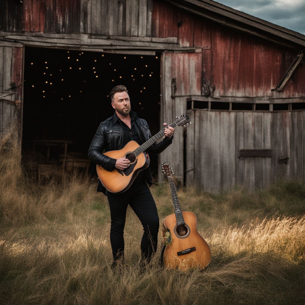 Johnny Reid holding a guitar in front of a rustic barn.