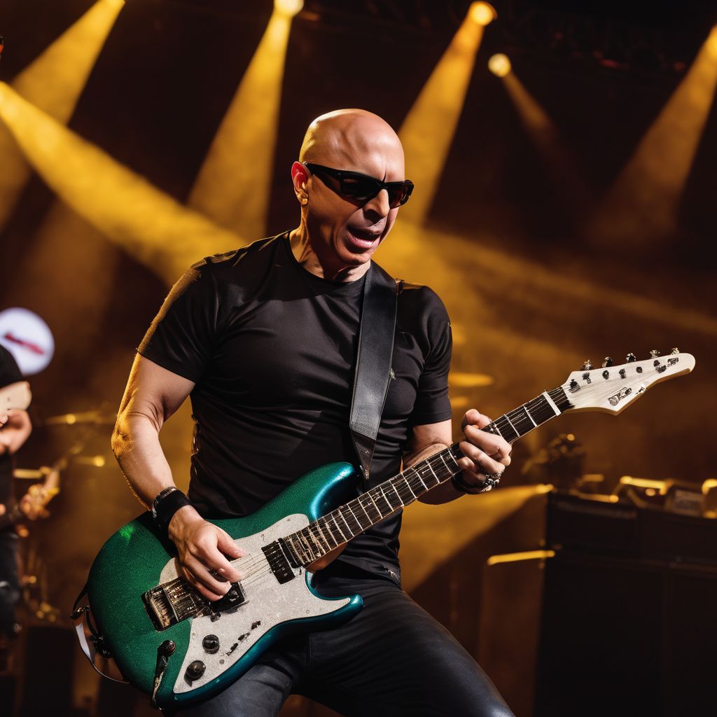 Joe Satriani rocks a guitar solo amid a crowd of fans.