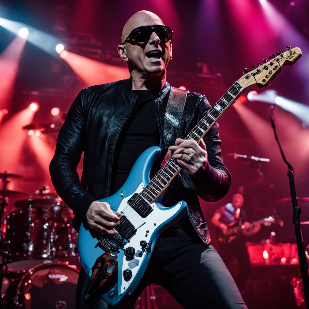 Joe Satriani performs on stage surrounded by adoring fans.