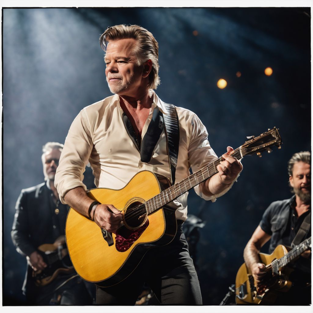 John Mellencamp performing on stage with enthusiastic crowd at concert.
