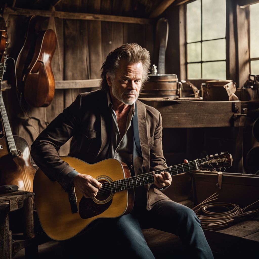 John Mellencamp playing guitar in a rustic barn surrounded by vintage instruments.