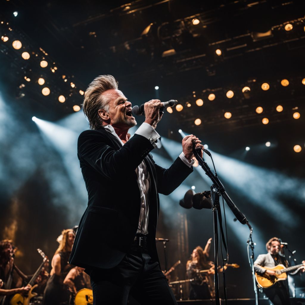 John Mellencamp passionately performing on stage, with a cheering crowd.