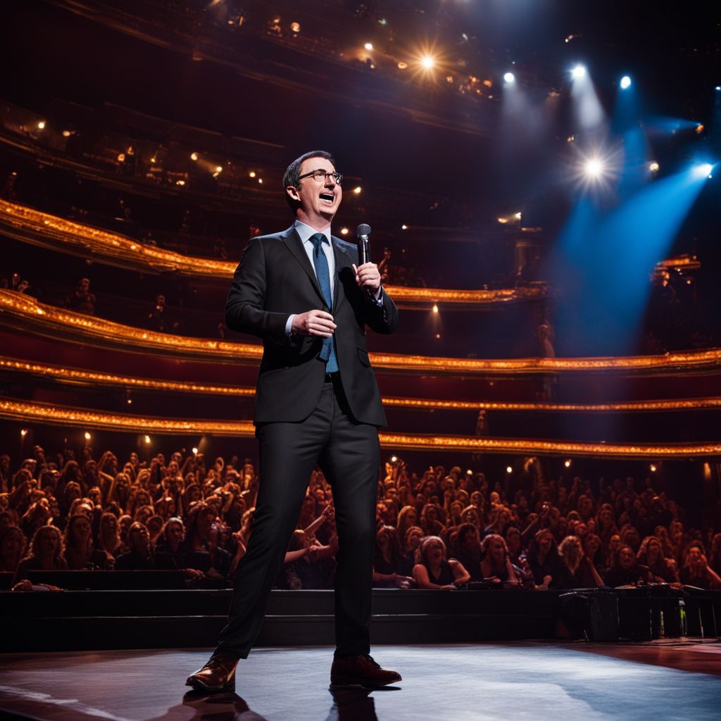 John Oliver delivering stand-up routine at The Beacon Theatre with diverse audience.
