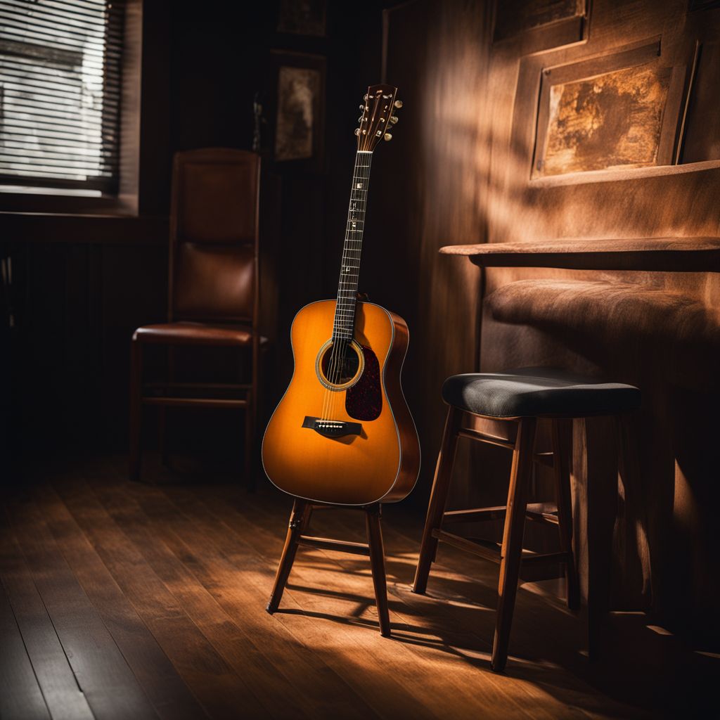 A lone guitar rests on a vintage stool in a recording studio.