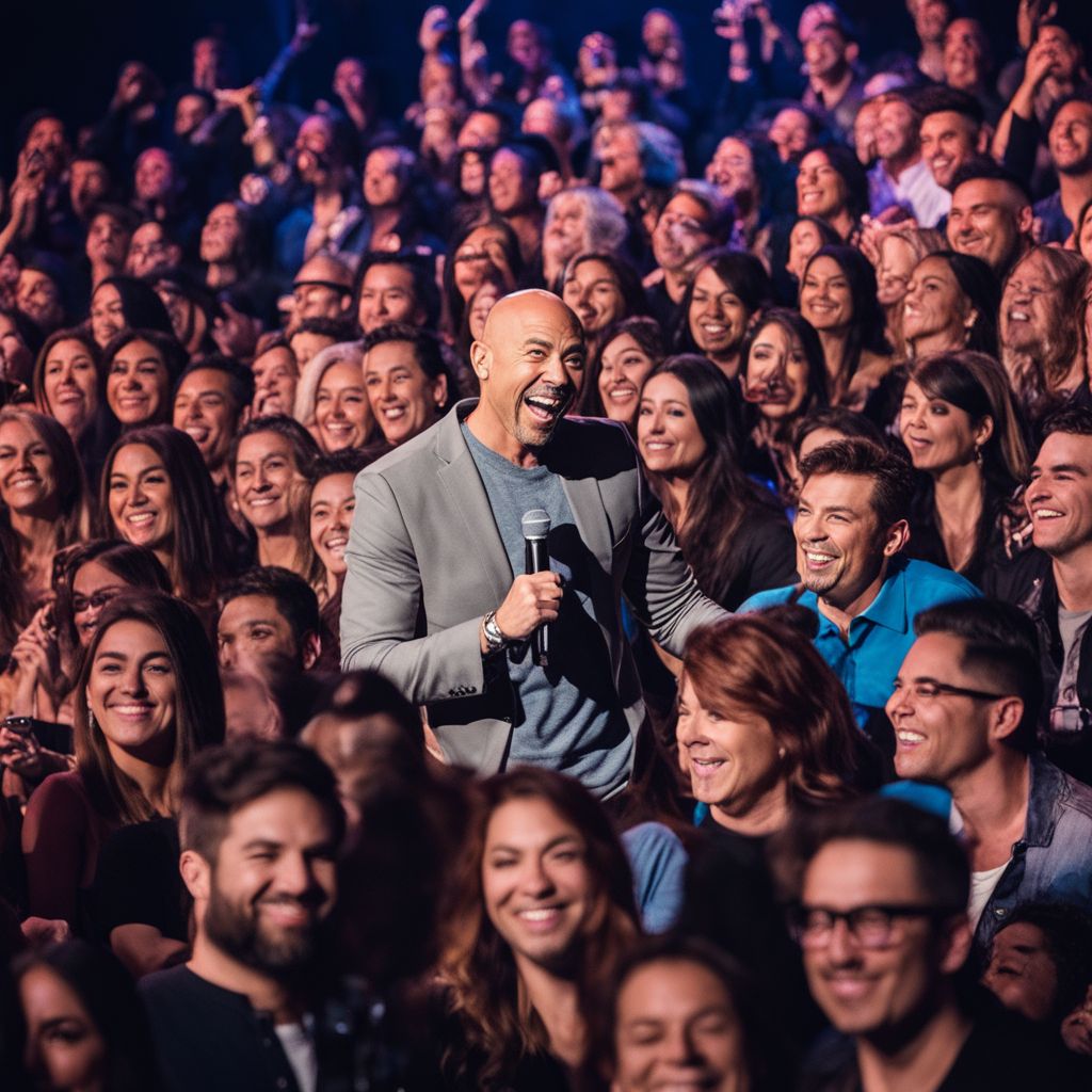 Jo Koy performing stand-up comedy on stage in a packed theater.