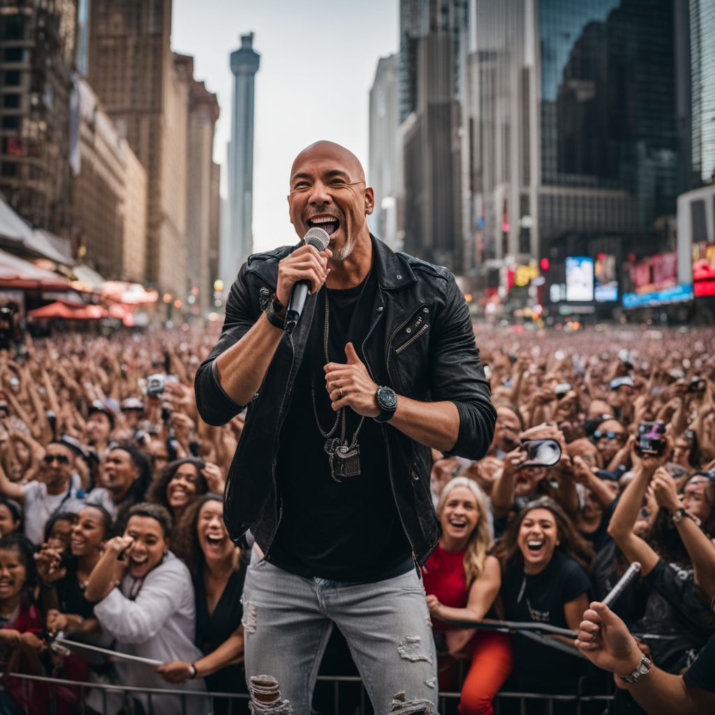 Jo Koy performing stand-up comedy on a world stage to a lively audience.