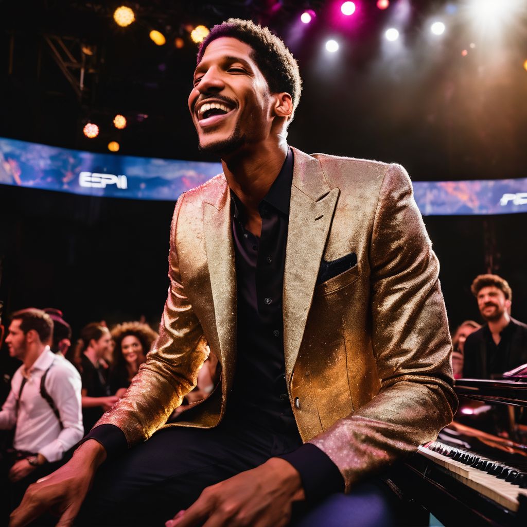 Jon Batiste performing on a vibrant stage with a dynamic crowd.