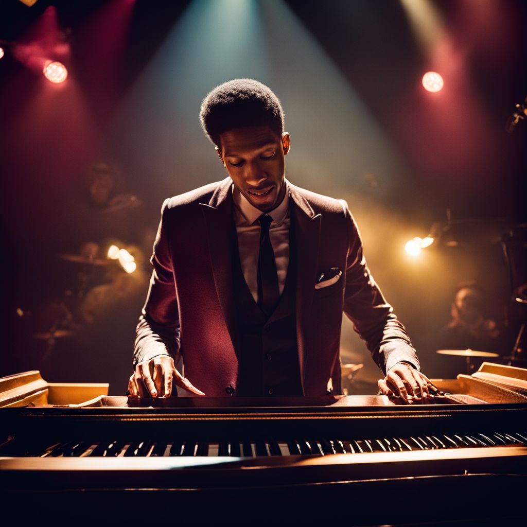Jon Batiste passionately plays the piano in a lively jazz club.