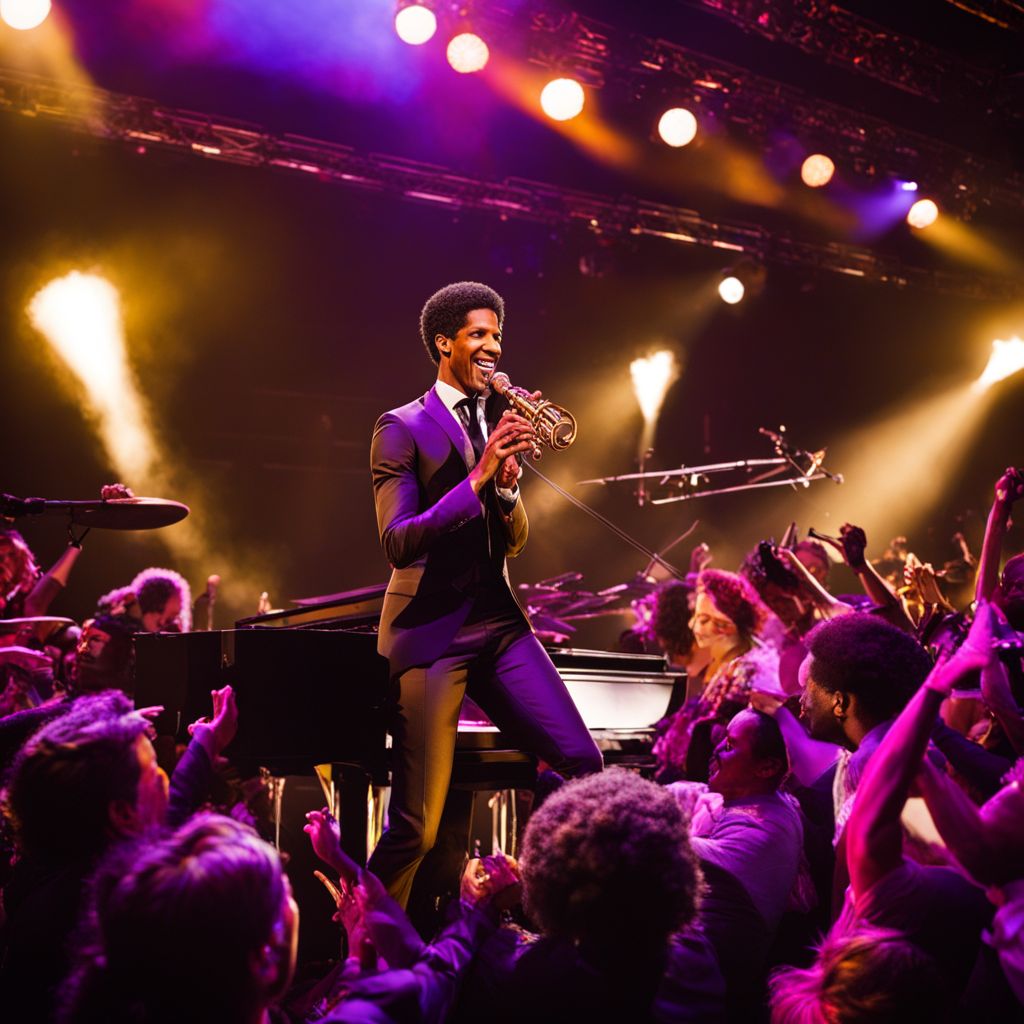 Jon Batiste performing on a vibrant stage surrounded by energetic fans.