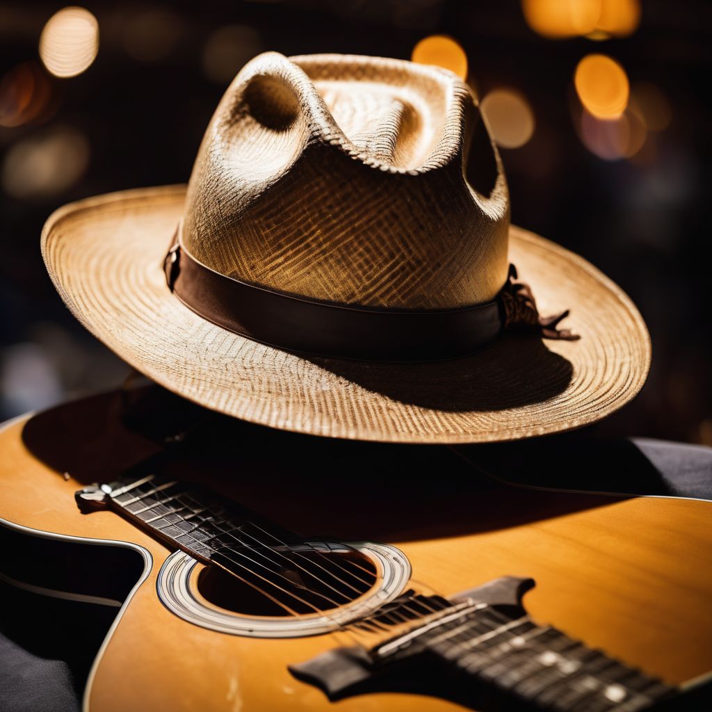 A lone cowboy hat rests on a guitar backstage at a Jon Pardi concert.