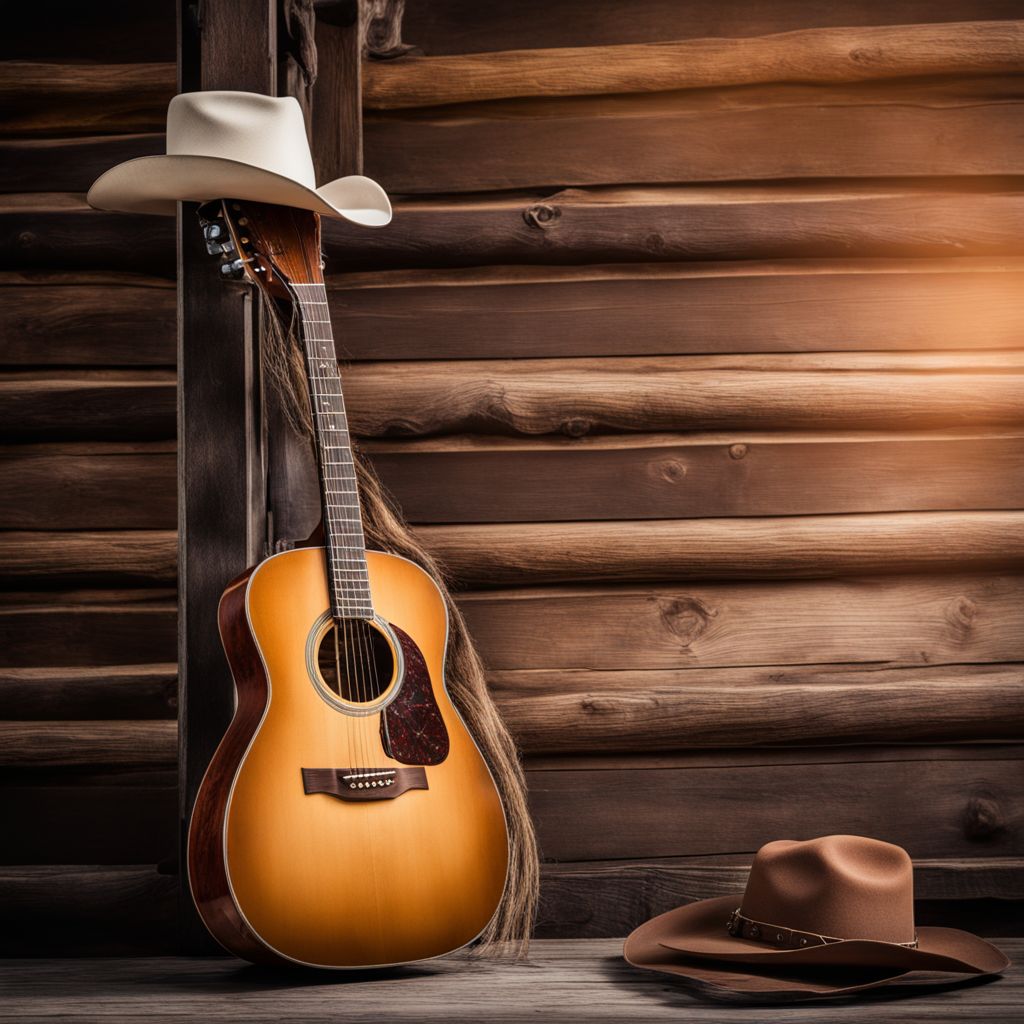 A cowboy hat rests on a vintage guitar on a rugged stage.
