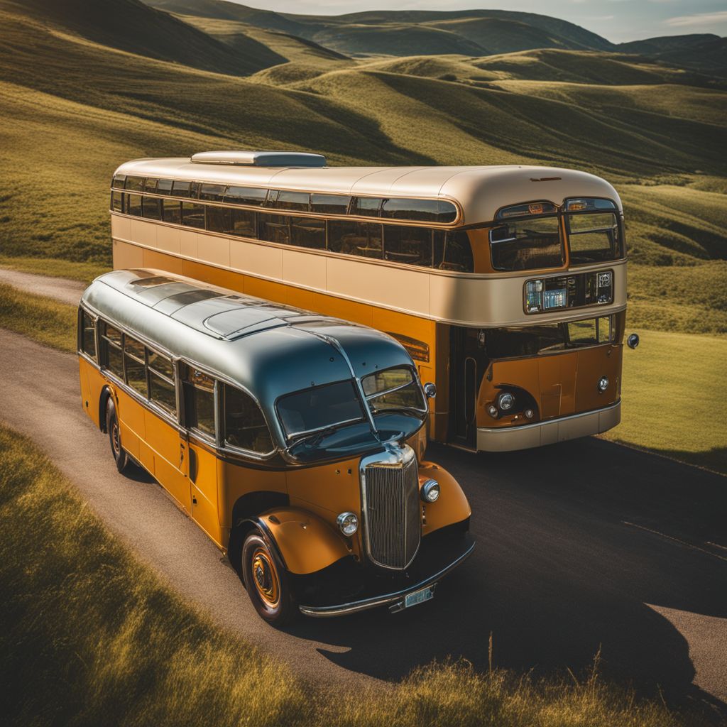 A vintage tour bus parked in a scenic countryside with a bustling atmosphere.