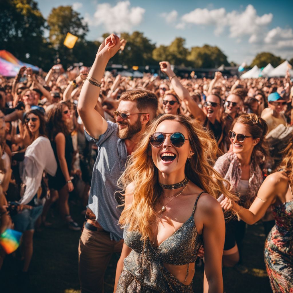 A vibrant music festival crowd dancing under the summer sun.