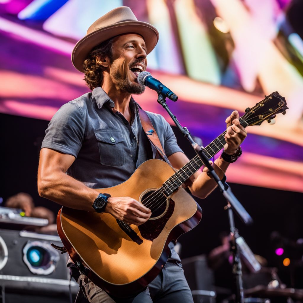 Jason Mraz performing on vibrant outdoor stage at amphitheater.