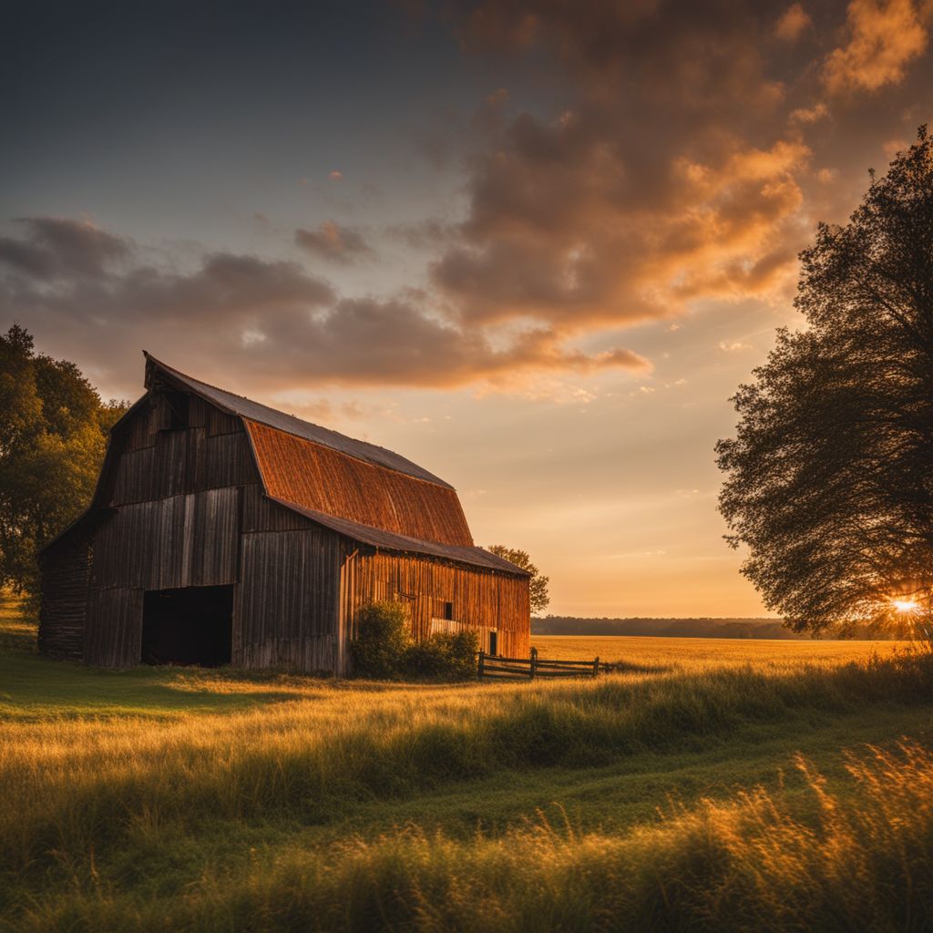 A rustic barn in the countryside at sunset with varied people.