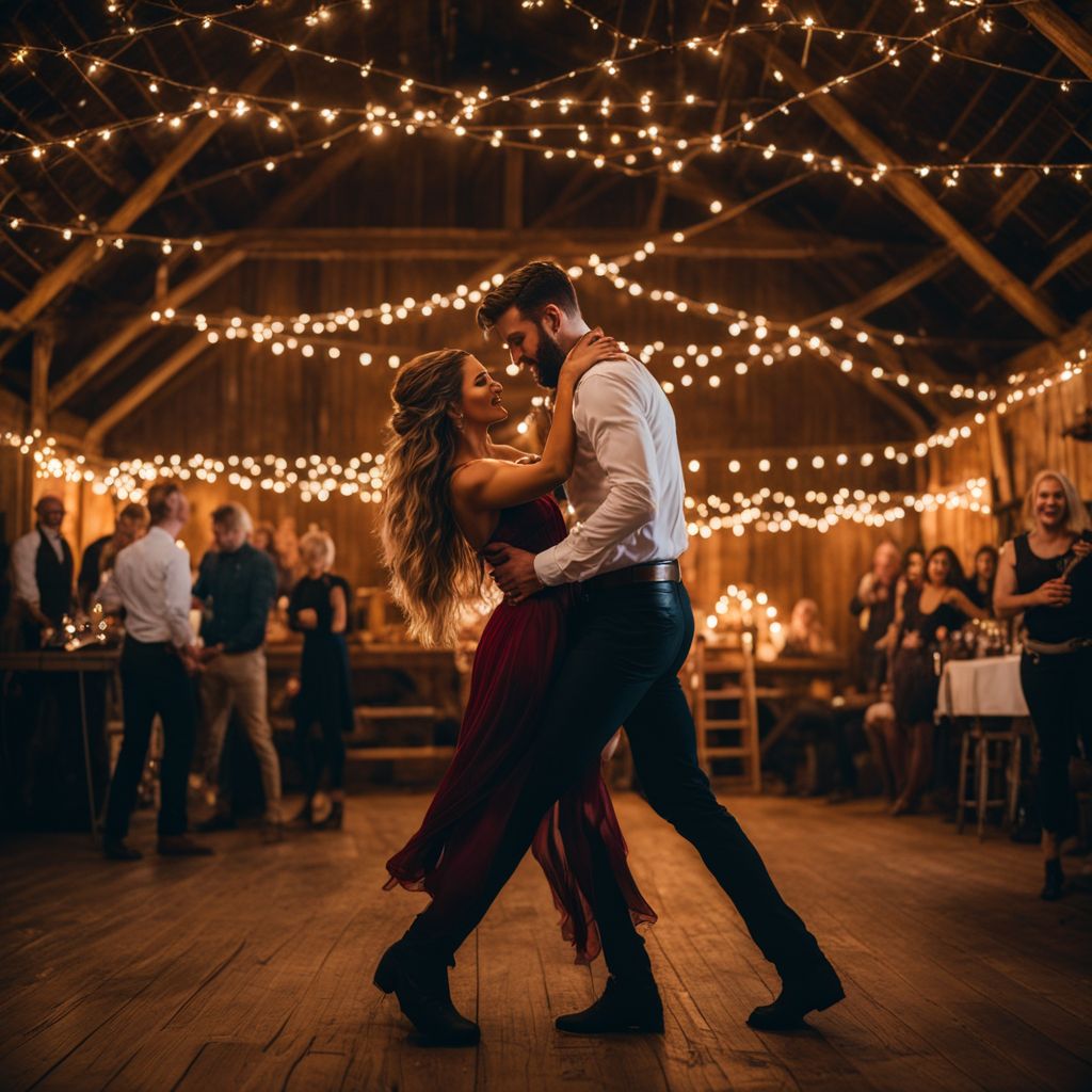 A couple dancing in a rustic barn for a country music video.