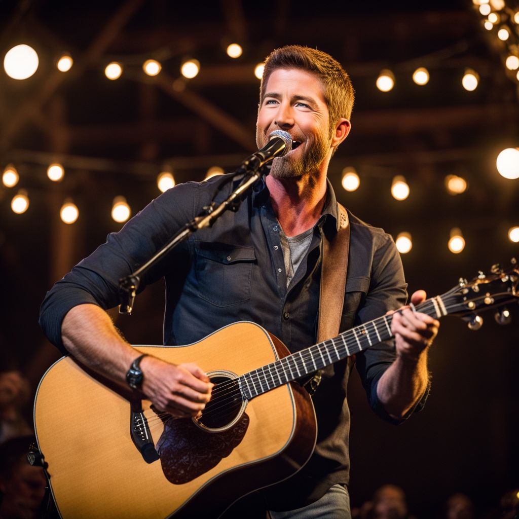 Country singer Josh Turner performing at a barn concert with a lively crowd.