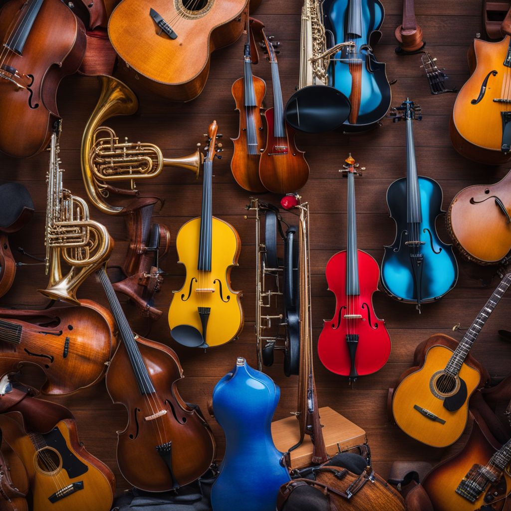An abstract composition of musical instruments and diverse individuals in vibrant colors.