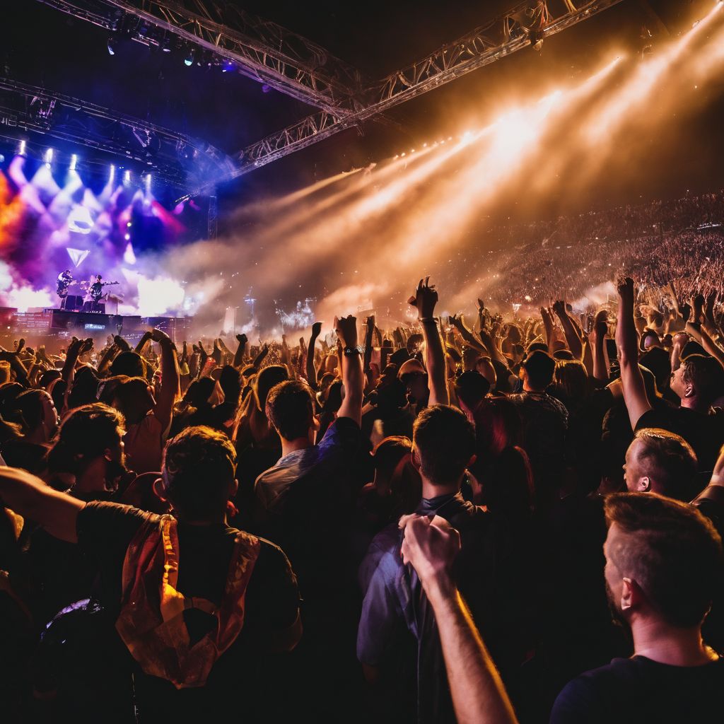 A crowd cheers wildly at a Judas Priest concert in a bustling atmosphere.
