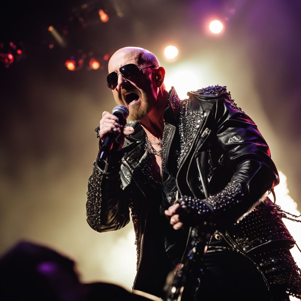 Rob Halford performing on stage at a packed concert.