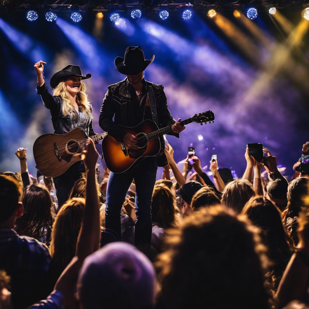 A crowd of enthusiastic fans in cowboy attire at a concert.