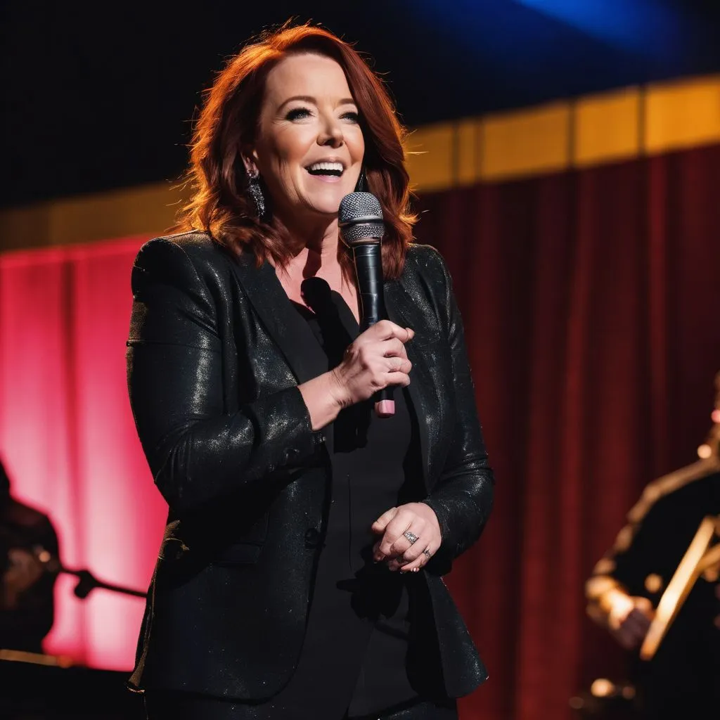 Kathleen Madigan performing on stage in various outfits at Clowes Memorial Hall.