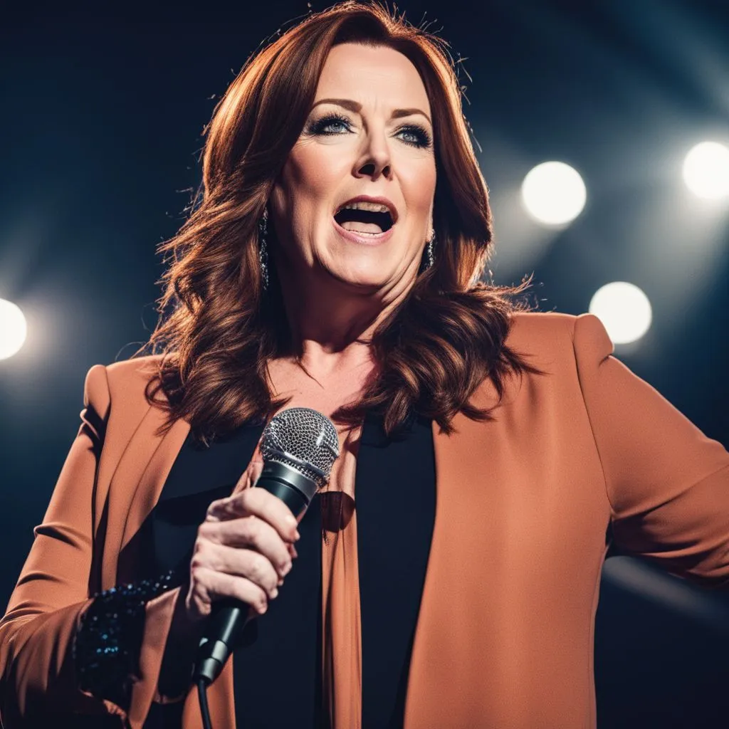 Kathleen Madigan performing stand-up comedy on stage with a microphone.