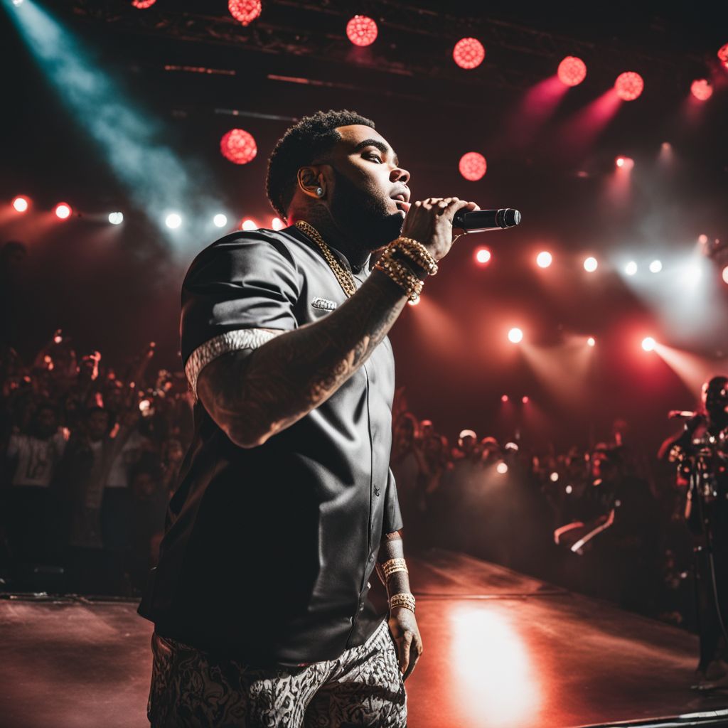 Kevin Gates performing on stage at a concert venue with a lively crowd.