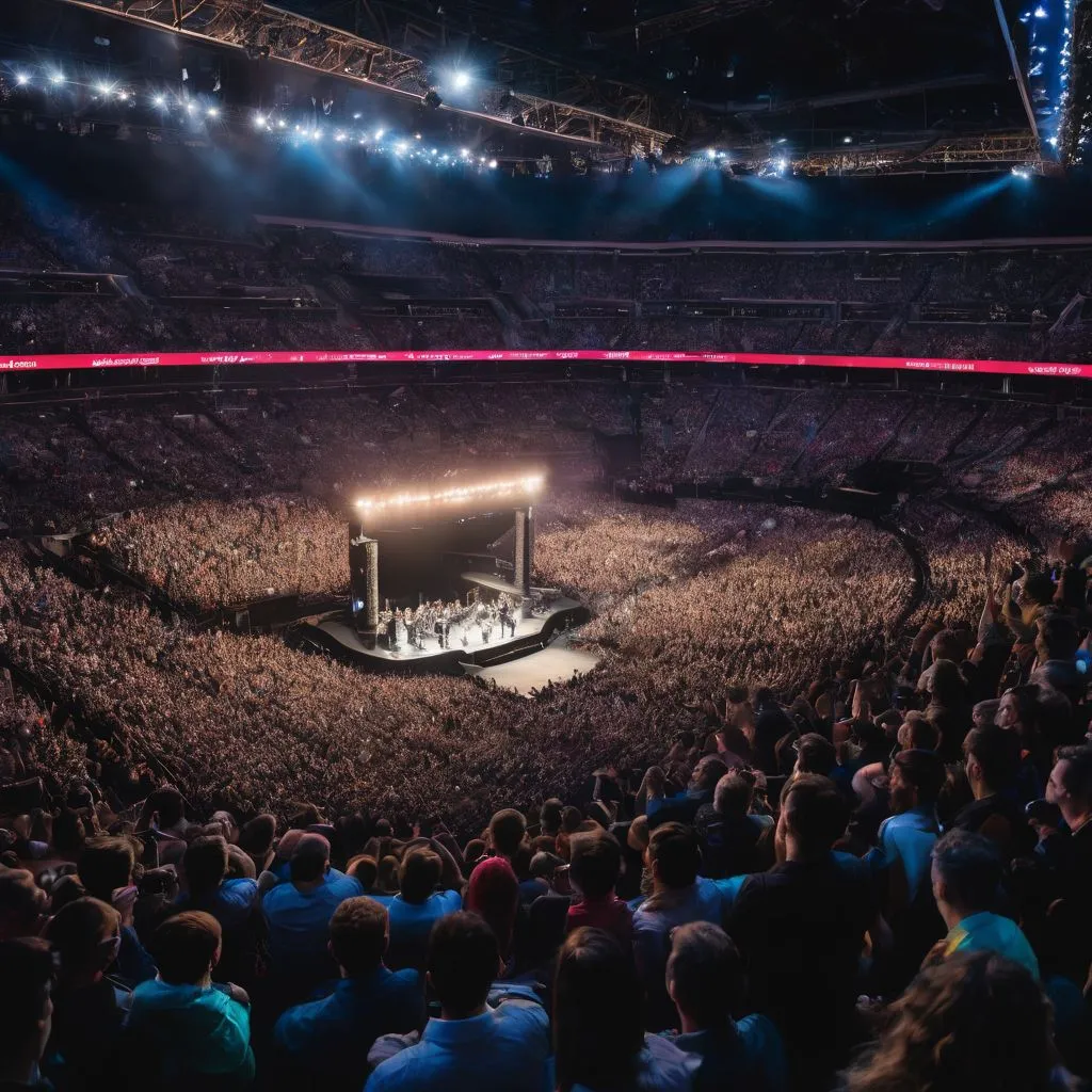 A lively crowd singing along at a Keane concert in a vibrant arena.