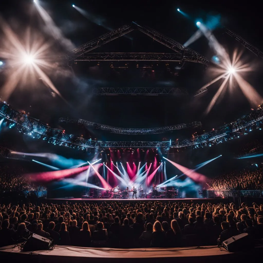 A bustling cityscape stage with musicians and audience under dazzling lights.