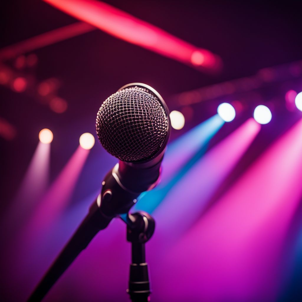 A vintage microphone on a stage surrounded by colorful spotlights.