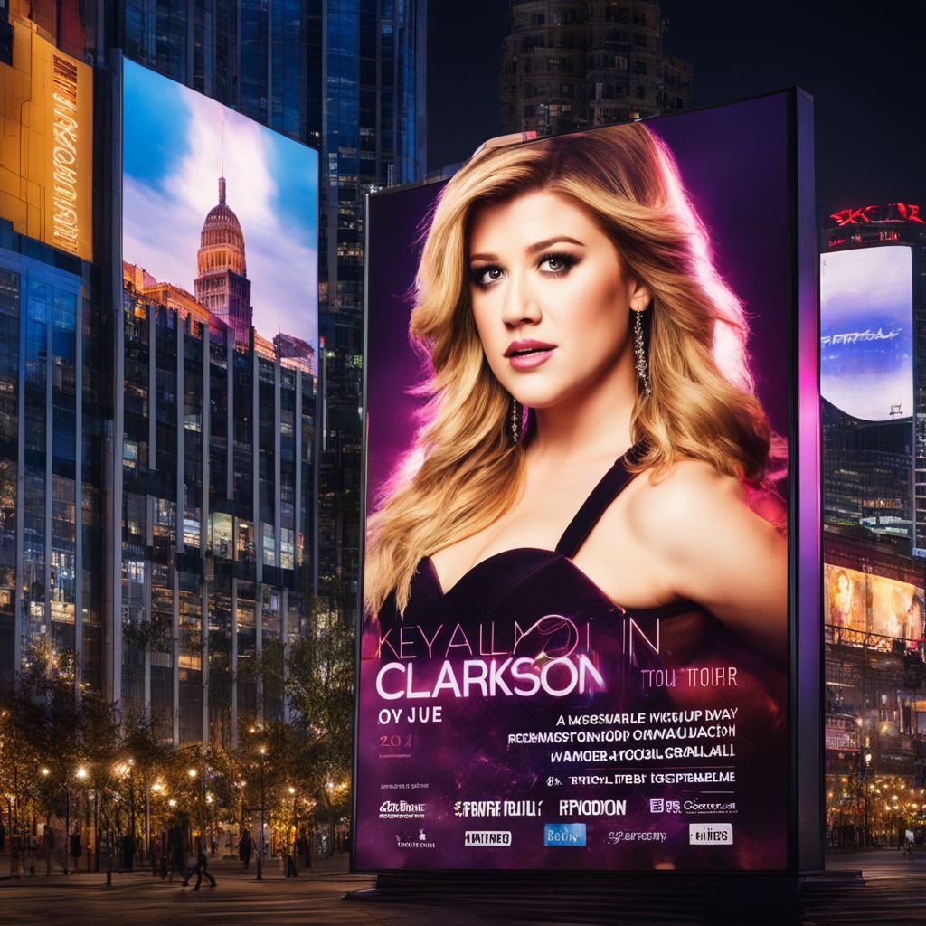 The tour poster of Kelly Clarkson displayed in a vibrant cityscape.