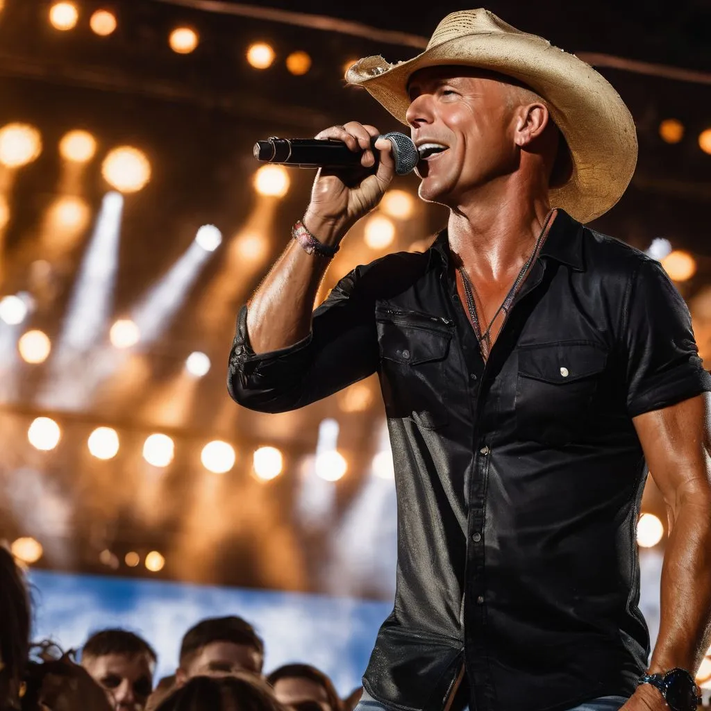 Kenny Chesney performing live on stage with enthusiastic fans.