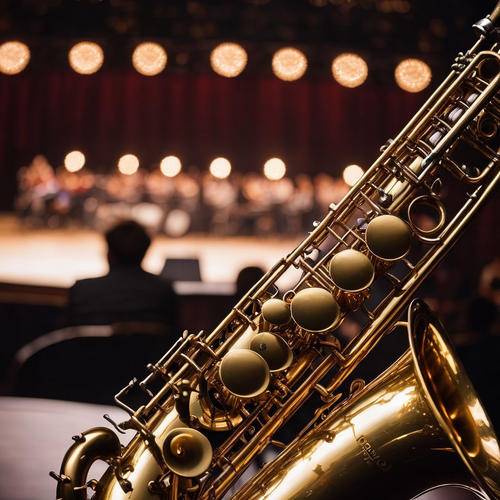 A saxophone on a spotlight stage surrounded by musical notes.