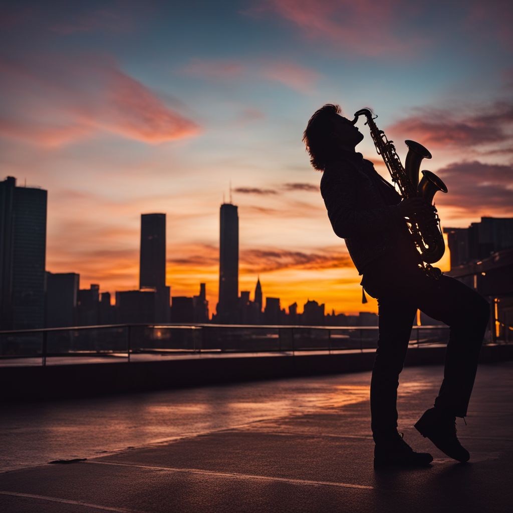 A silhouette of a saxophone against a vibrant city skyline at sunset.