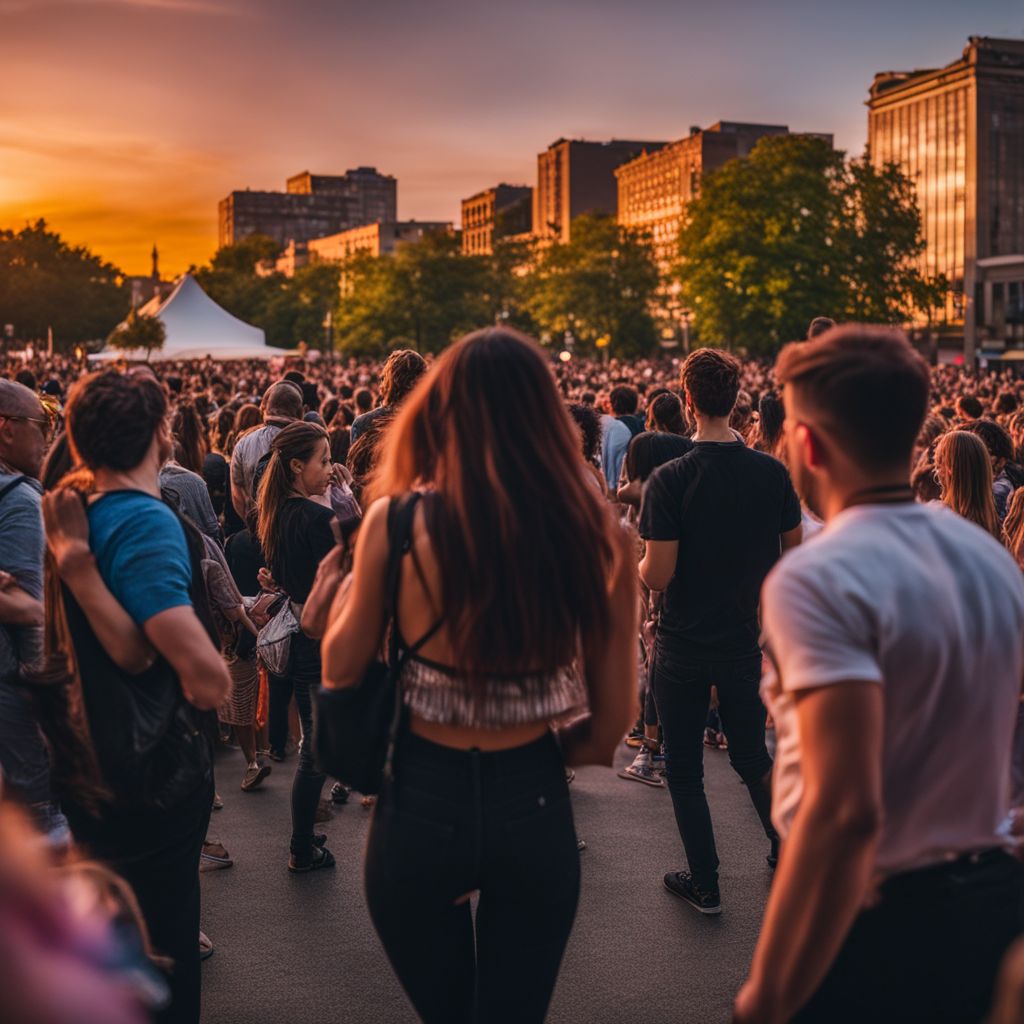 A diverse crowd at an outdoor concert enjoying a sunset.
