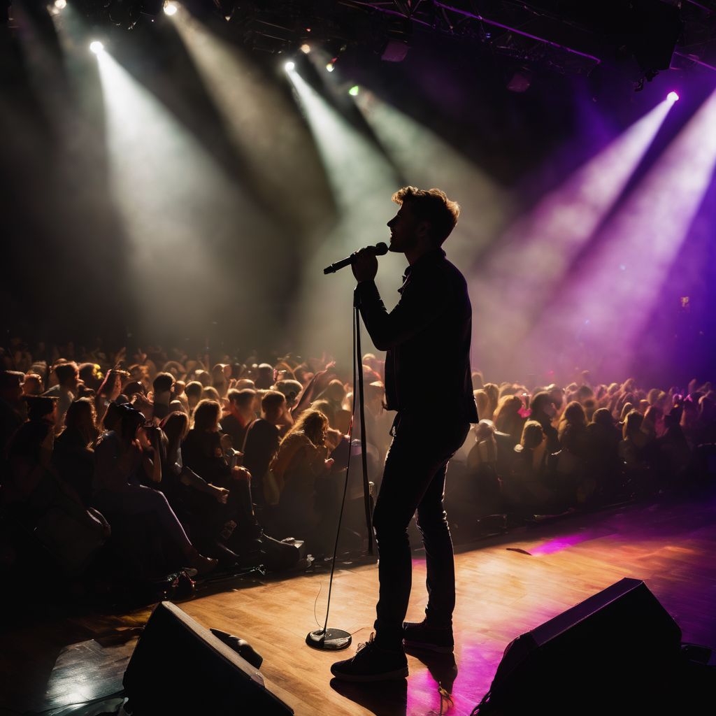 A concert scene with a microphone spotlight and a diverse audience.