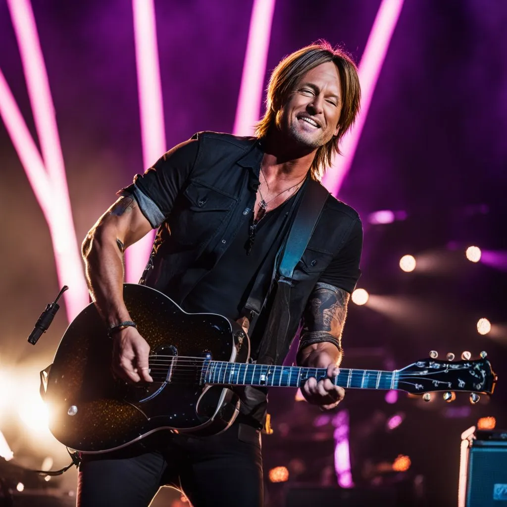 Keith Urban performing at a vibrant music festival in front of a bustling crowd.