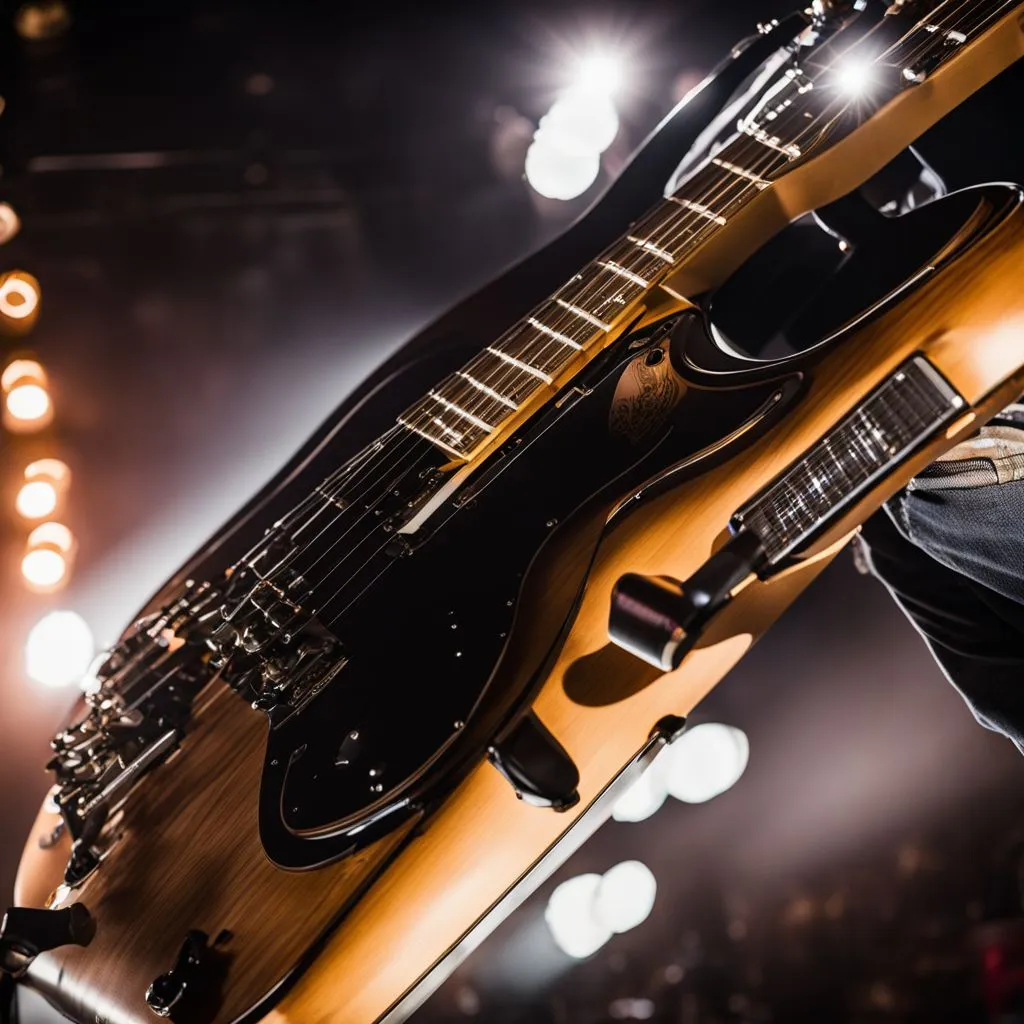 A photo of Keith Urban's guitar on stage in various locations.